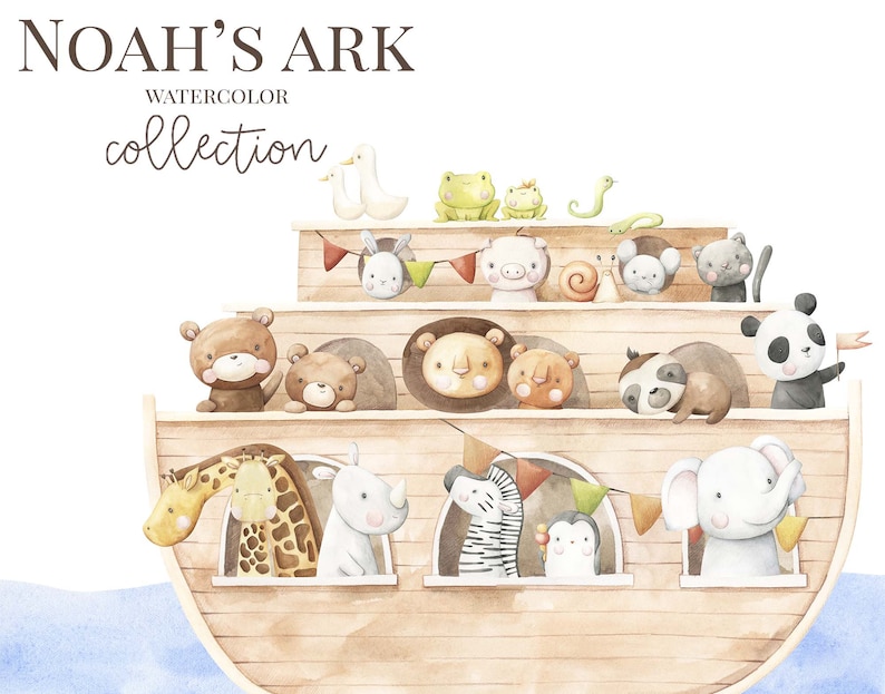 May include: A watercolour illustration of Noah's Ark with various animals on board, including a giraffe, rhino, zebra, penguin, elephant, sloth, panda, bear, and a frog on the top deck. The ark is made of wood and has a brown and beige colour scheme. The text "Noah's Ark Watercolor Collection" is written at the top of the image.
