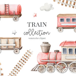 Imágenes Prediseñadas de tren de acuarela, acuarela de vagones de ferrocarril, imágenes prediseñadas para niños, decoración de guardería, niño, es un niño, arte para niños, arte de guardería