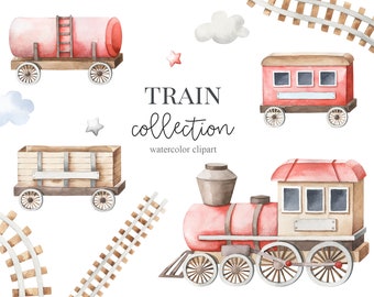 Watercolor Train Clipart, Rail Wagons watercolor, Kids Clipart, Nursery Decor, Baby boy, Its a boy, Kids Art, Nursery Art