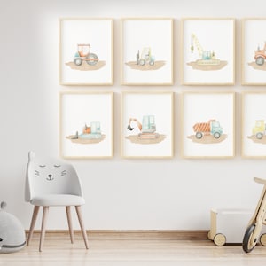 Set of 8 construction trucks, digital download, Boy nursery wall art, watercolor tractor, truck, roller, crane, excavator, vehicle printable