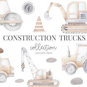 Caminhões de construção em aquarela, carros de construção, clipart de meninos, decoração de berçário, decoração de quarto de meninos, menino, é um menino, arte infantil, arte de berçário