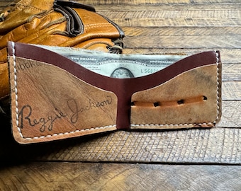 Cartera con guante de béisbol autógrafo de Reggie Jackson: regalo de los Yankees y los A's