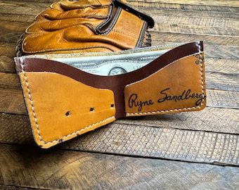 Cartera Ryne Sandberg con forma de guante de béisbol: hecha a mano, de cuero, plegable, regalo de los Chicago Cubs