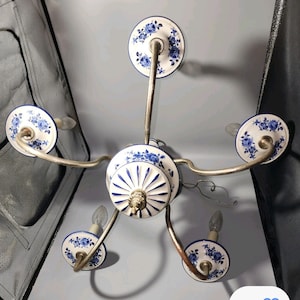 Vintage Delft Blue 5 Arm Chandelier Hanging Light Hard Wired