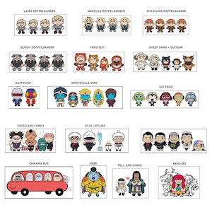 May include: A collection of cartoon character illustrations, each grouped and labeled with text. The characters vary in design, including humanoids, animals, and figures in costumes. Text includes "LAJOS DOPPELGANGER", "MARCILLE DOPPELGANGER", and "CHILCHUCK DOPPELGANGER".