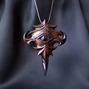 Ancient Eye. Unique handmade Amethyst crystal, Macassar Ebony wood and tool steel amulet. Powerful spiritual necklace.