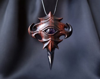 Ancient Eye. Unique handmade Amethyst crystal, Macassar Ebony wood and tool steel amulet. Powerful spiritual necklace.