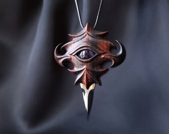 Ancient Eye. Unique handmade Amethyst crystal, Macassar Ebony wood and tool steel amulet. Powerful spiritual necklace.