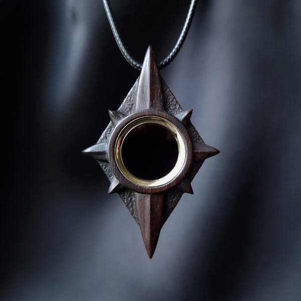 Soul's Mirror. Unique handmade Black Obsidian crystal, Macassar Ebony wood and brass amulet. Made to order.