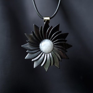Moonflower. Unique handmade Moonstone crystal, Black Ebony and brass amulet. Powerful spiritual talisman.