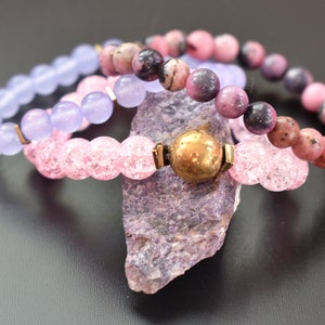 Crown Chakra Purple Amethyst Pink Lepidolite Hematite Pink Crackle Quartz Women&#39;s Beaded Bracelet set. Self Awareness Gold Beaded Bracelet