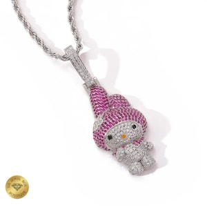 Handcrafted My Melody Pendant Necklace | 24 Inch Rope Chain | CZ Diamonds | Stainless Steel