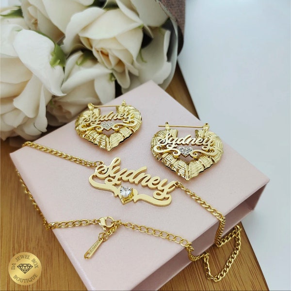 Bespoke Custom 18K Gold Plated Silver RoseGold And Zircon Stone Bamboo Heart Name Earrings And Name Necklace Set For Adult & Child