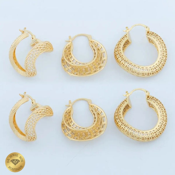 18K Gold African Dubai Indian Style Dangle Drop Hoop Earrings