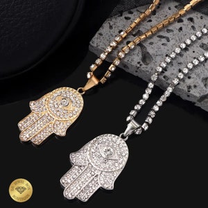 Crystal Hamsa Hand Pendant Necklace: 14k Gold or Silver Finish