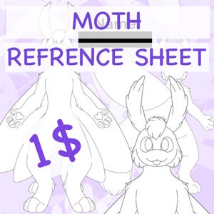 May include: A white line art reference sheet featuring a cartoon moth design. The text "Moth Reference Sheet" is displayed in purple. The price is indicated as 1 dollar.