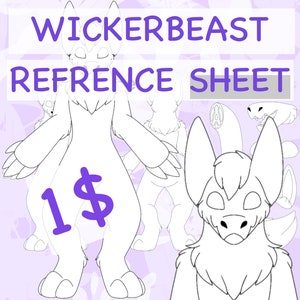 May include: A line art reference sheet for a furry character with a bat-like head, ears, and wings. The sheet includes a full body pose, a head shot, and various body parts. The text "Wickerbeast Reference Sheet" and "1$" are visible in the image.