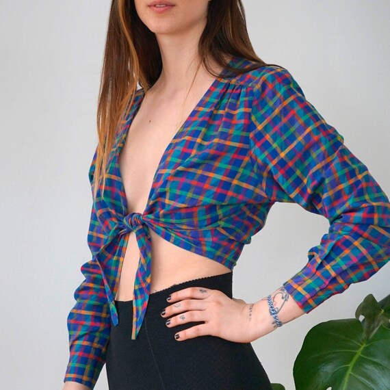 Vintage Tartan Crop Top Plaid Tie-front 