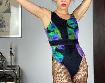 Vintage 80s Velvet Strechy Gym Aerobic Leotard one-piece Dancing black purple green vibrant shades bodysuit ballet dance catsuit