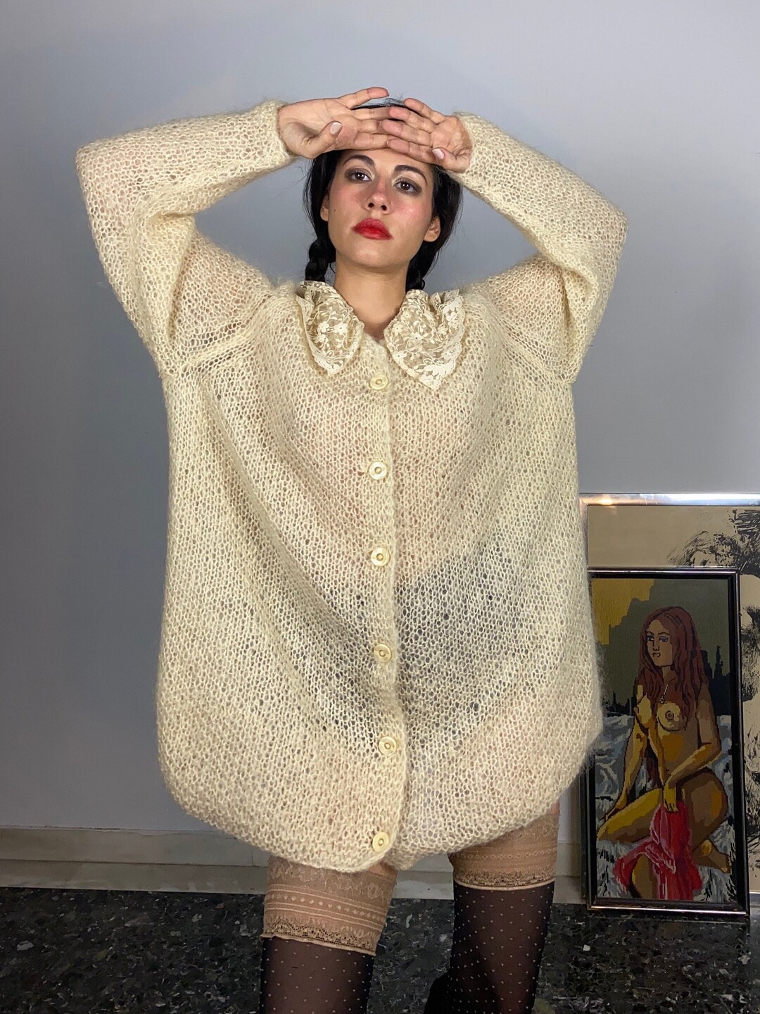Vintage 1970s Ivory Rayon Knit Bow Cardigan