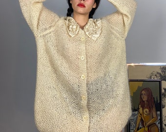 70s Vintage Mohair hand knit cardigan with large lace collar