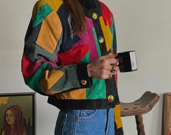 Vintage 80er Jahre Dino'z Wildleder Patchwork Multicolor Jacke