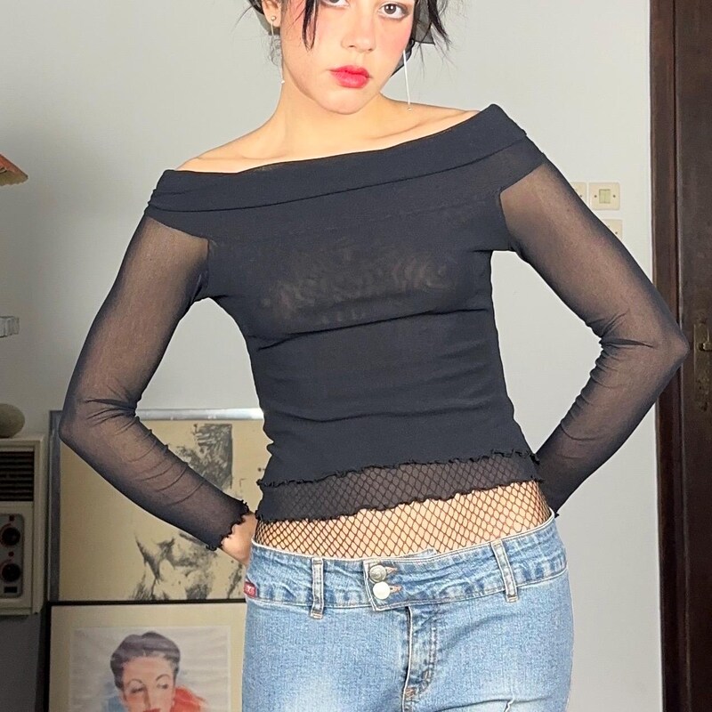 Vintage 90s graphic print mesh top - XL