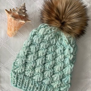 May include: A light blue knitted beanie with a large brown faux fur pom pom. The beanie has a textured, puffy knit pattern.