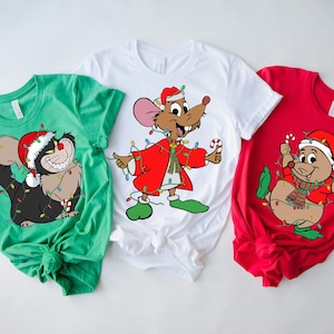 Disney Cinderella Group Matching Christmas Lights Shirt, Santa Gus Jaq and Lucifer Christmas Portrait Shirt, Disneyland Xmas Family Shirts