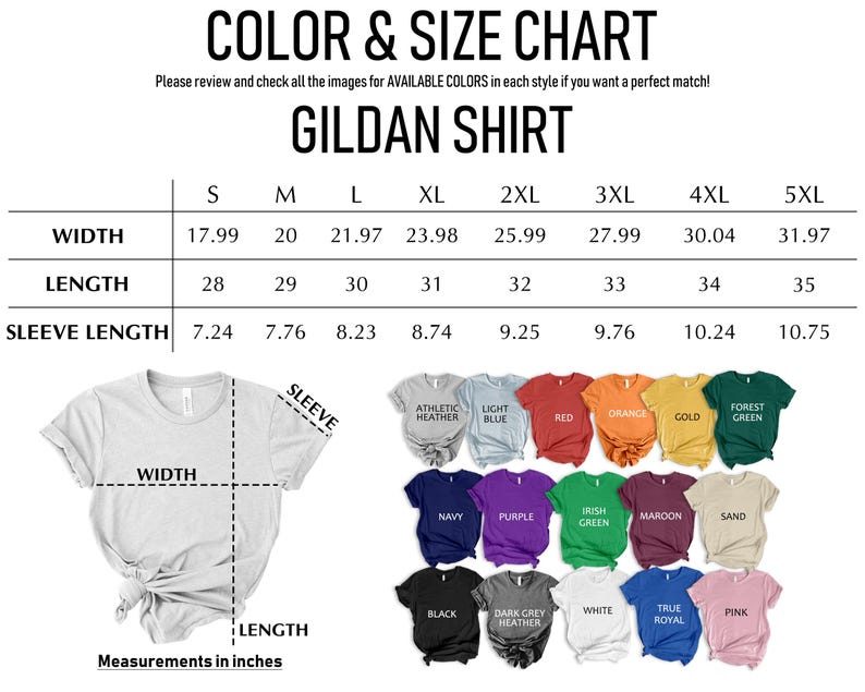 The image is a color and size chart for a gildan shirt, which includes measurements for different sizes and a variety of colors.