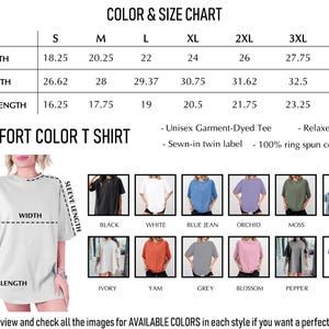 The image is a color and size chart for a comfortable color t-shirt, showing different styles and their corresponding measurements.