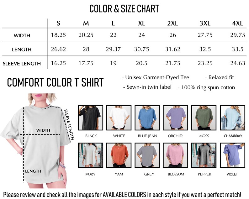 The image is a color and size chart for a comfortable color t-shirt, showing different styles and their corresponding measurements.
