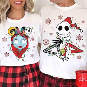 Disney The Nightmare Before Christmas Characters Xmas Lights Shirt, Jack Skellington and Sally Christmas Couple Shirt, Disneyland Xmas Tee image 1