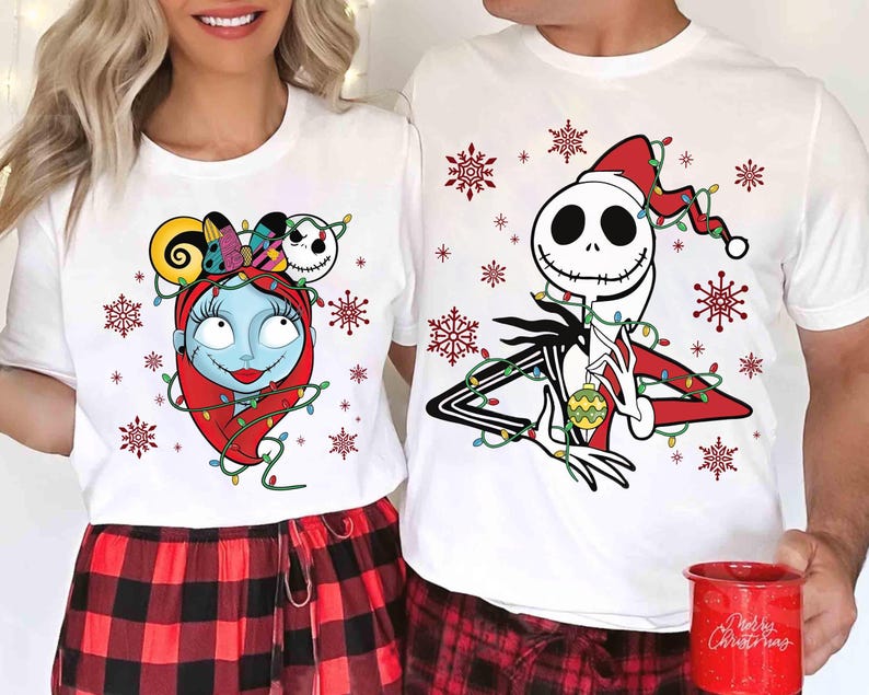 Disney The Nightmare Before Christmas Characters Xmas Lights Shirt, Jack Skellington and Sally Christmas Couple Shirt, Disneyland Xmas Tee image 1