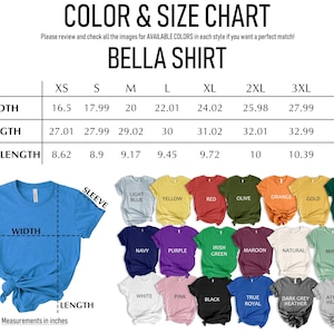 The image is a color and size chart for a blue t-shirt, showing the available colors and corresponding sizes in inches.