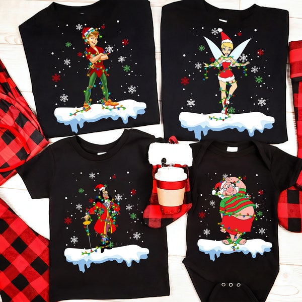 Disney Peter Pan Characters Christmas Lights Shirt, Disneyland Xmas Snow Matching Shirts, Tinker Bell, Captain Hook, Smee Christmas Tee