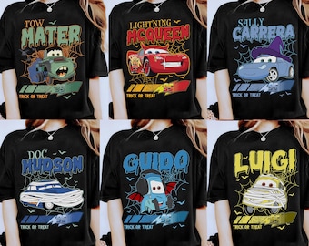 Camiseta retro de Halloween con personajes de Cars, Boo, truco o trato, camiseta de Halloween de Disney Lightning McQueen, Tow Mater, camiseta de Halloween de Disneyland a juego