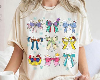 Disney Vintage Princess Ribbons And Bows Christmas Lights Shirt, Disney Princess Coquette Bows Xmas Tee, Disneyland Christmas Matching Shirt