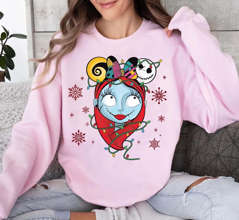 Disney The Nightmare Before Christmas Characters Xmas Lights Shirt, Jack Skellington and Sally Christmas Couple Shirt, Disneyland Xmas Tee image 4