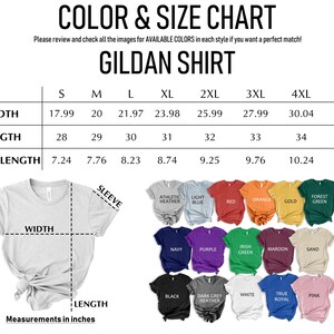 The image is a color and size chart for a gildan shirt, which includes measurements for different sizes and a variety of colors.