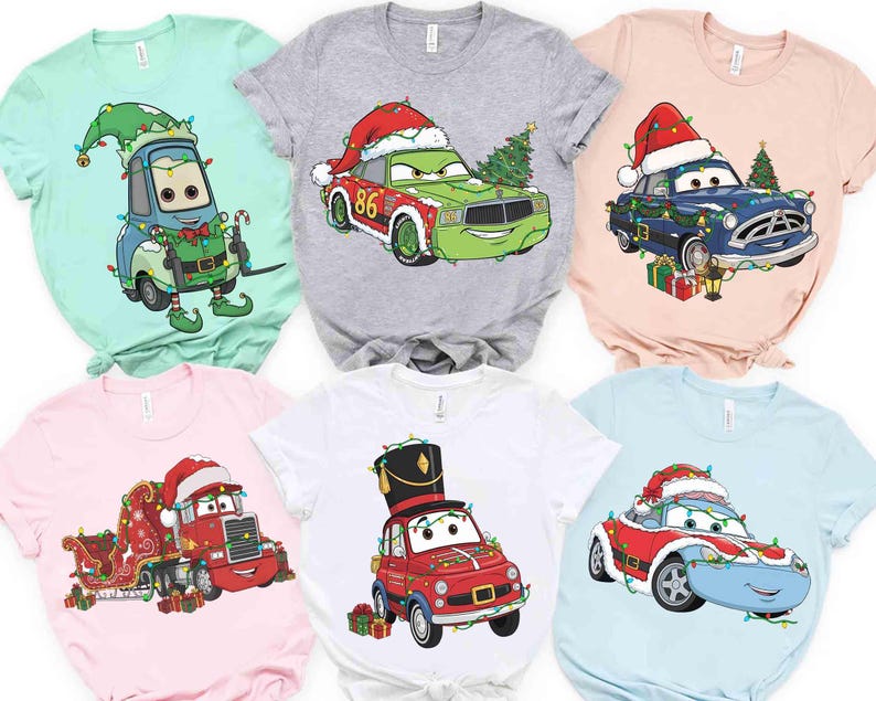 Disney Pixar Cars All Characters Christmas Lights shirt McQueen Sally Tow Mater Doc Hudson Mickey Stitch,Star Wars,Princess Xmas Lights Tee image 2