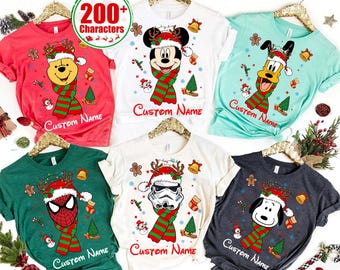 Personalized All Disney Characters Christmas Family Shirt, Santa Mickey and Friends Custom Disneyland Christmas Matching Family Shirts