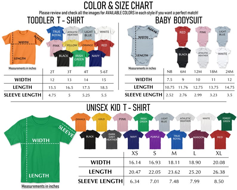 The image is a color and size chart that provides measurements and corresponding styles for a toddler t-shirt and a baby bodysuit. The chart includes images of the t-shirt and bodysuit in various colors and styles, along with corresponding measurements and corresponding styles. The chart is designed to help customers find the perfect match based on their color preferences and desired style.