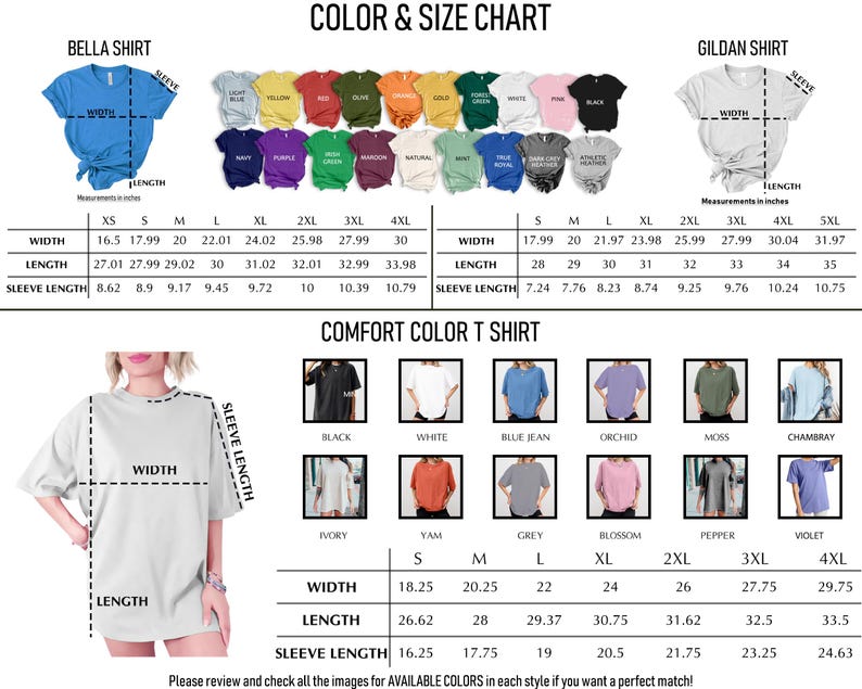 May include: A colour and size chart for Bella, Gildan, and Comfort Color t-shirts. The image displays various shirt colours, diagrams with width, length, and sleeve length labels, and detailed measurement tables in inches for sizes ranging from XS to 5XL.