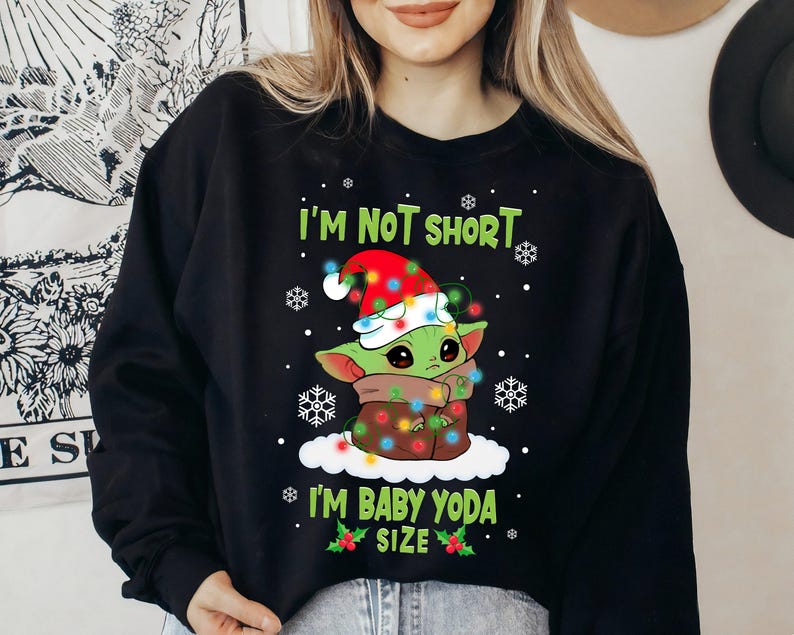 Star Wars Baby Yoda I'm Not Short Santa Hat Christmas Lights Holiday T-shirt, Disneyland Christmas Matching Family Shirts, Christmas Squad image 2