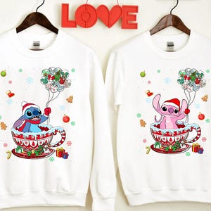 Disney Stitch and Angel Christmas Balloon Coffee Cup Shirt, Disney Couple Xmas Lights and Presents Tee, Disneyland Xmas Group Matching Shirt