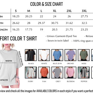 The image is a color and size chart for a comfortable color t-shirt, showing different styles and their corresponding measurements.