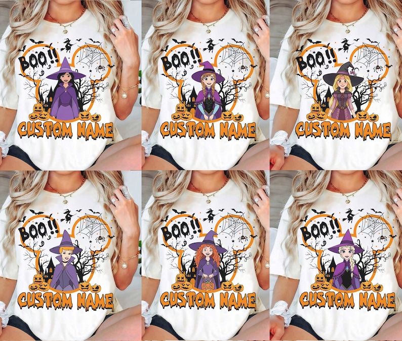 May include: A white t-shirt featuring a graphic of a cartoon character dressed as a witch, surrounded by orange pumpkins, a spider web, and a silhouette of a haunted house. The text "BOO!!" and "CUSTOM NAME" are printed in orange and black.