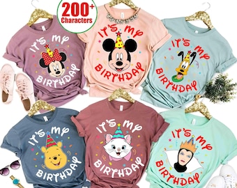 May include: Assorted-color t-shirts with Disney character graphics, including Minnie Mouse, Mickey Mouse, Pluto, Winnie the Pooh, Marie, and the Evil Queen. Each shirt has the text "It's my birthday" in red. The shirts are displayed on gold hangers.