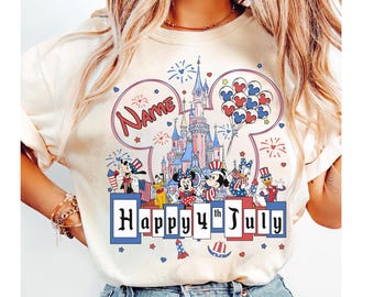 Spersonalizowana koszulka z balonem Myszka Miki i Przyjaciele Disney Castle, koszulka z okazji Dnia Niepodległości Disney Happy 4th July, koszulka Disneyland Magic Kingdom